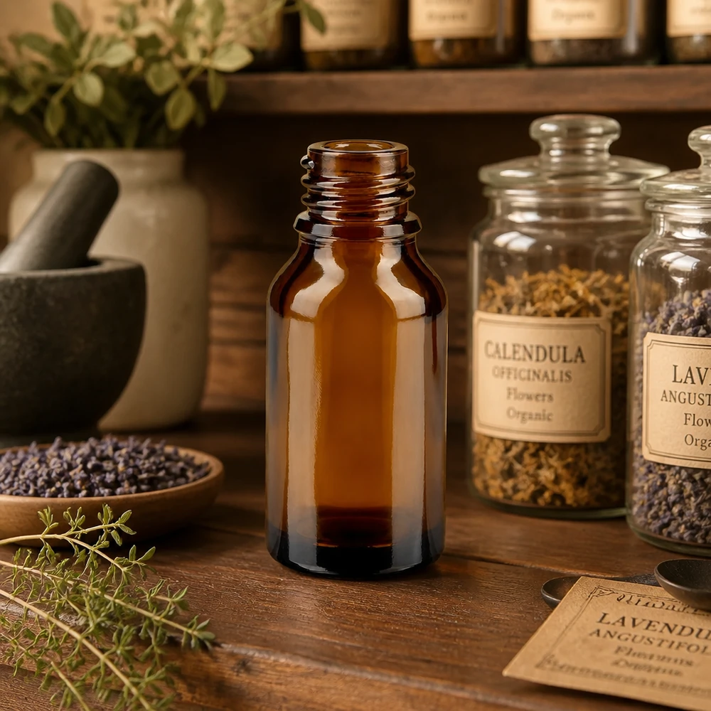 15ml bruin apothekersflesje ApoGlas in authentieke kruidenapotheek met calendula lavendel en geneeskrachtige plantenpotjes
