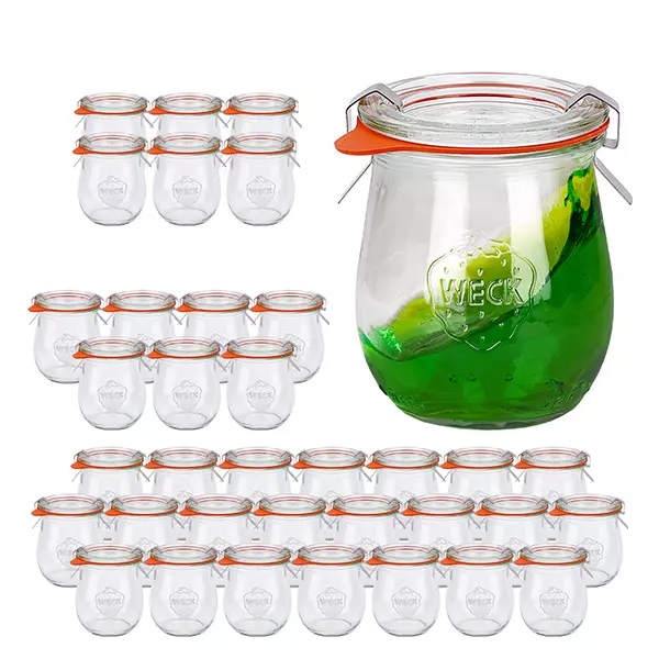 Set van 36 Weck-potten 220 ml tulpvormig met 36 glazen deksels, Set van 36 Weck-potten 220 ml tulpvormig met 36 glazen deksels,