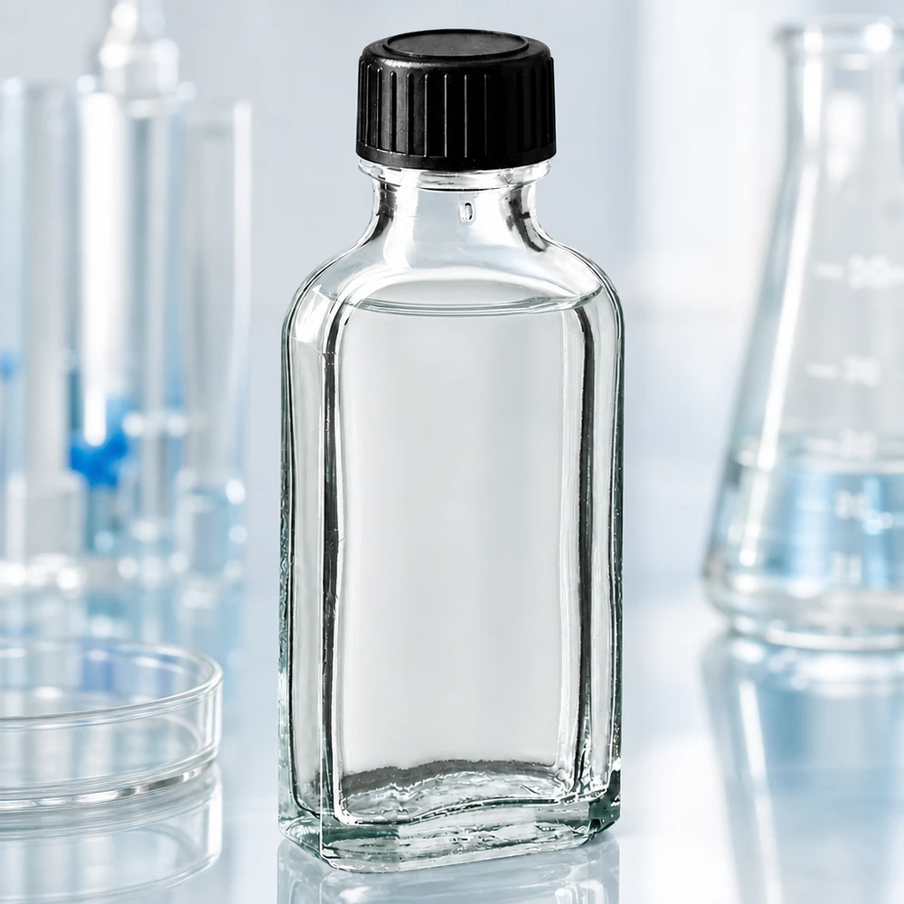 50 ml witte meplatfles met DIN 22 monding, inclusief schroefsluiting DIN 22 zwart van EPE Kleine rechthoekige glazen fles van 50 ml, merk Meplat, met een zwarte kunststof dop en een afdichtingsring