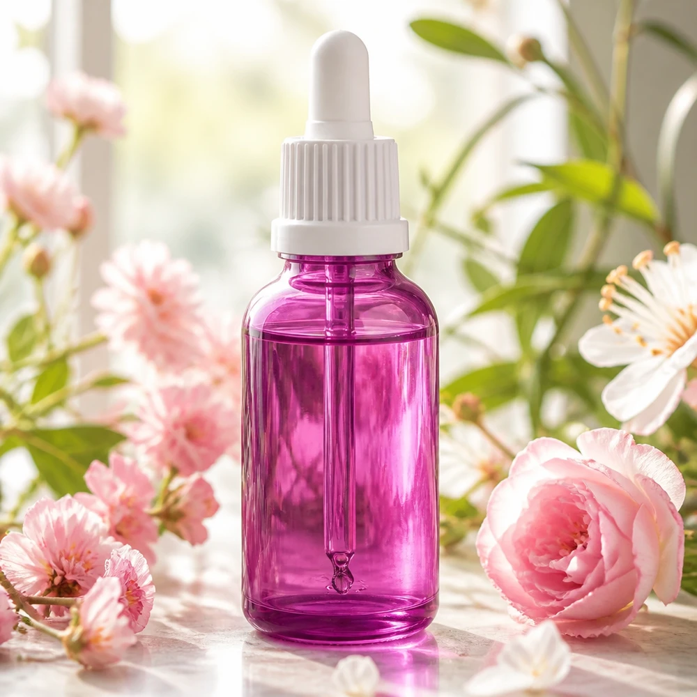 Paars druppelflesje van 30 ml met witte rubberen stop, perfect voor doe-het-zelf cosmetica en oliën