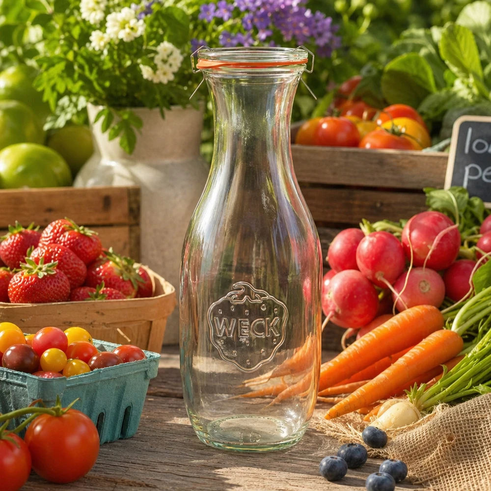 WECK sapfles 1062ml RR60 leeg tussen verse groenten fruit op houten tafel Boerenmarkt sfeer natuurlijk
