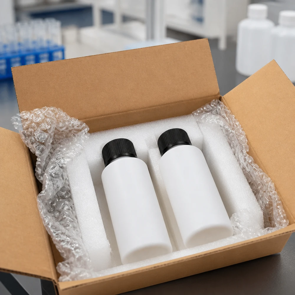 HDPE-apotheekflesjes van 30 ml, wit met zwart SV-logo, verpakt in een kartonnen doos met schuimrubberen houder