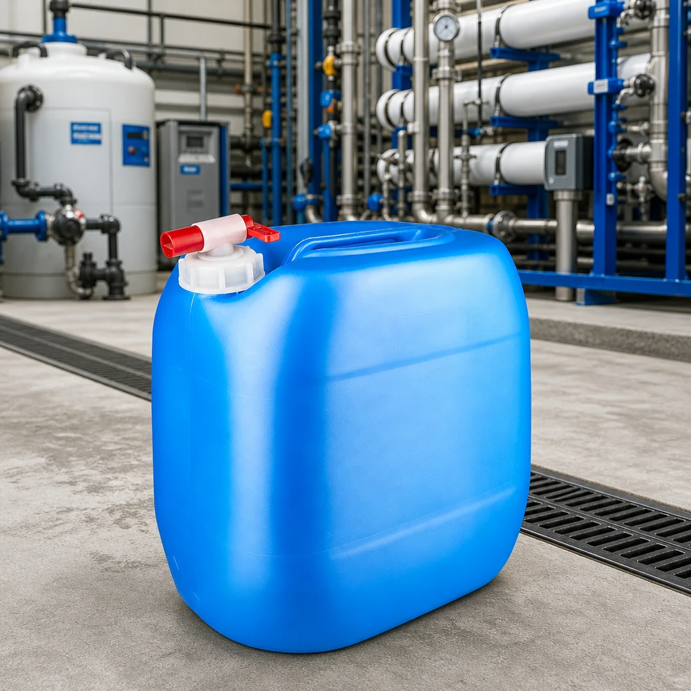 Canister 30 liter blauw met aftapkraan Ruime blauwe vloeistofcontainer van 30 liter met aftapkraan voor chemicaliën en water
