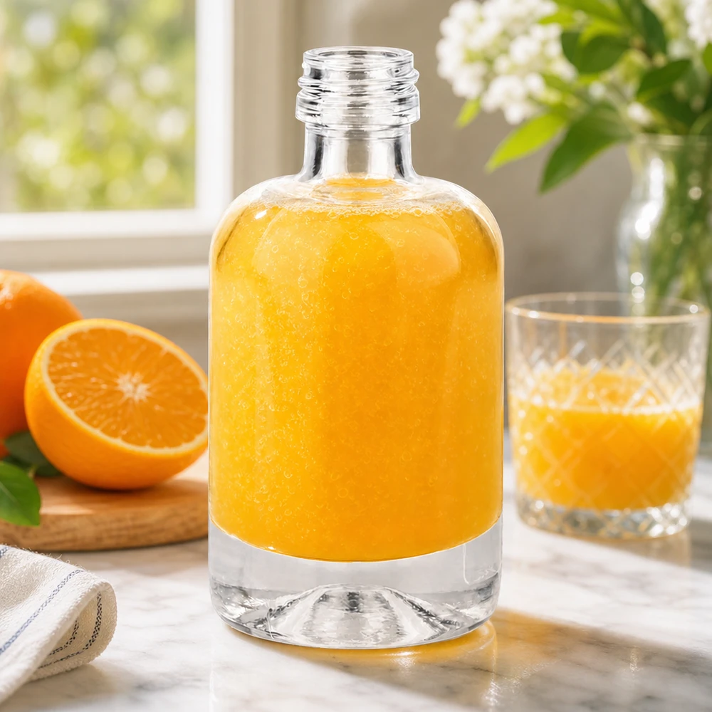 40ml glazen fles Sara gevuld met sinaasappelsap toont veelzijdigheid voor drankjes en cosmetica zonder dop