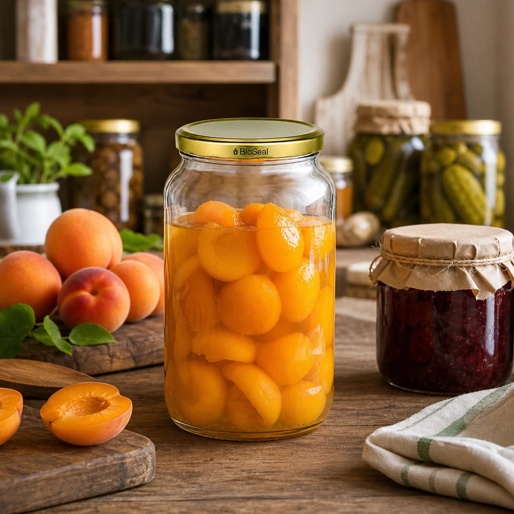 UNiTWIST Runda1062 inmaakpot gevuld met abrikozen TO82 BioSeal gouden deksel inmaakfruit