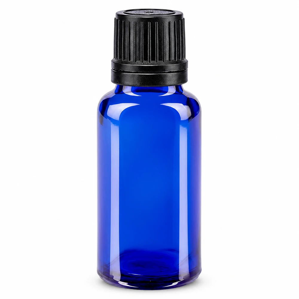 Blauwe glazen flessen 20ml met wit 0.8mm druppelstop St Cilindrische blauwe glazen fles van 20 ml met zwarte druppeldop, ideaal voor oliën en tincturen