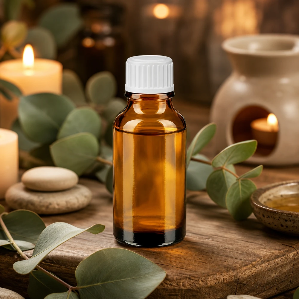 Bruine glazen fles 20ml met wit schroefsluiting St Medicijnflesje van 20 ml, bruin glas, smal en hoog model, met witte schroefdop, Wellness Ambiente