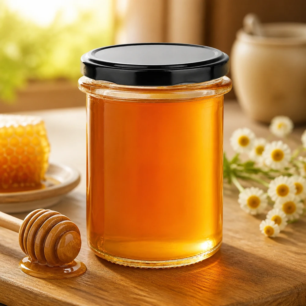 214 ml UNiTWIST rond glazen pot met BasicSeal zwart voor honing, jam en levensmiddelen in glazen potten