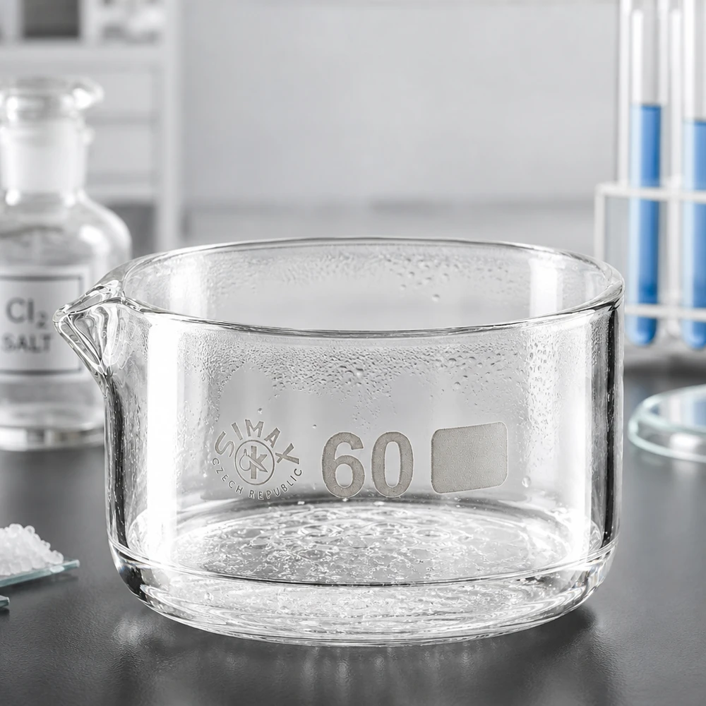 Kristalliseerschaal 60ml met schenktuit Laboratoriumschaal van borosilicaatglas, 60 ml, hittebestendig, chemicaliënbestendig, met uitgietmond, Simax-kristallisatieschaal