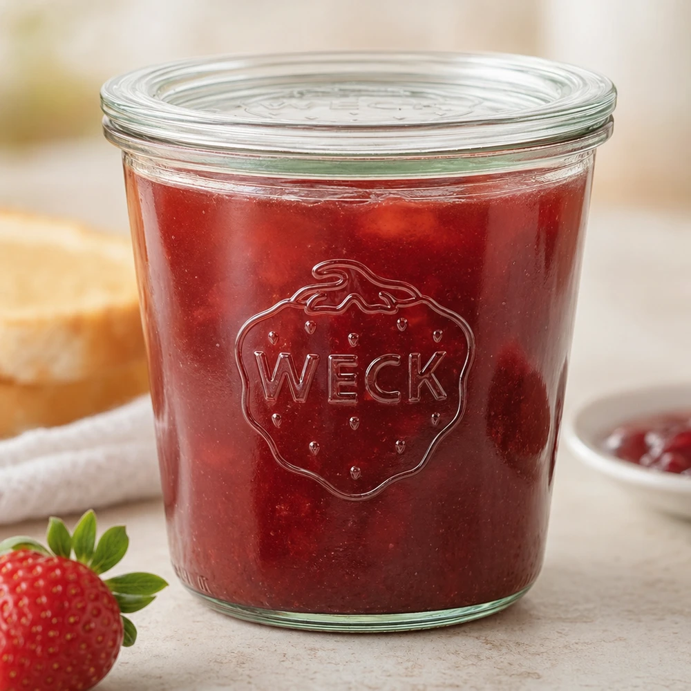 WECK RR100 bekers van 580 ml met rode aardbeienjam en aardbeienlogo op keukenblad