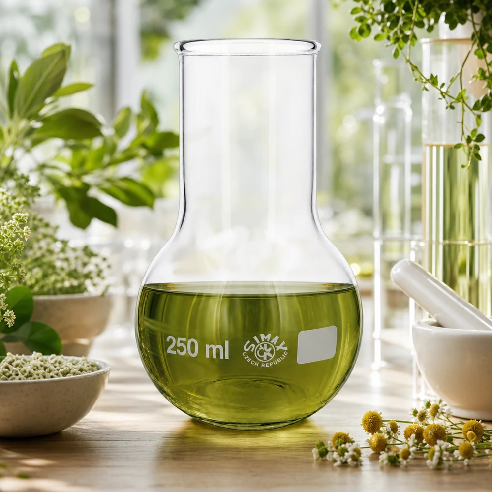 Rondbodemkolf van 250 ml met wijde hals op werkvlak met mortier en verse medicinale planten