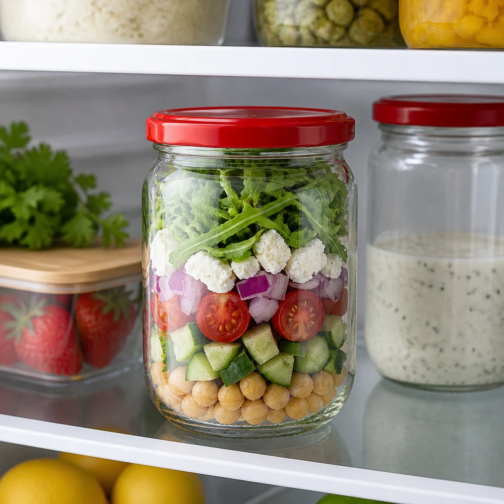 555 ml rond glas + BasicSeal-deksel rood UNiTWIST Laagsalade in een rond glazen pot van 555 ml van UNiTWIST: de inhoud is ideaal voor meal prep en het vers houden van voedsel
