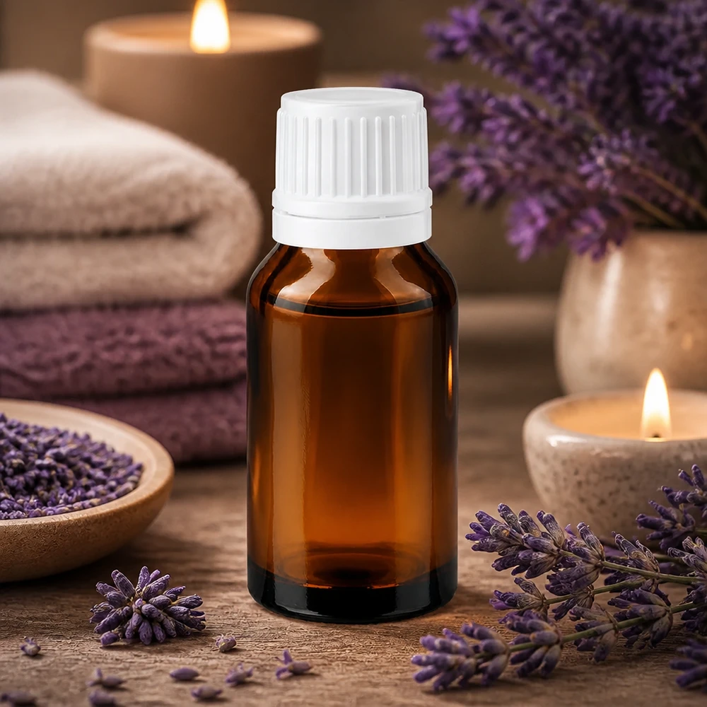 Bruine glazen fles 30ml met wit schroefsluiting VR Flesje van 30 ml van bruin glas met een verzegelde sluiting, ideaal voor parfums en etherische oliën
