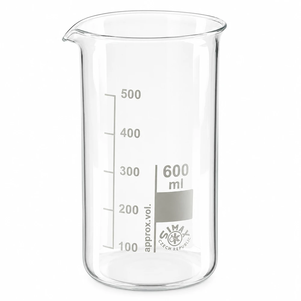 Hittebestendige maatbeker van 600 ml, hoge cilindrische vorm, borosilicaatglas met maatverdeling