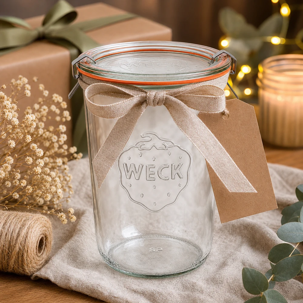 WECK 850 ml beker RR100 als cadeau-idee versierd met een strik en hanger in een gezellig kersttafereel