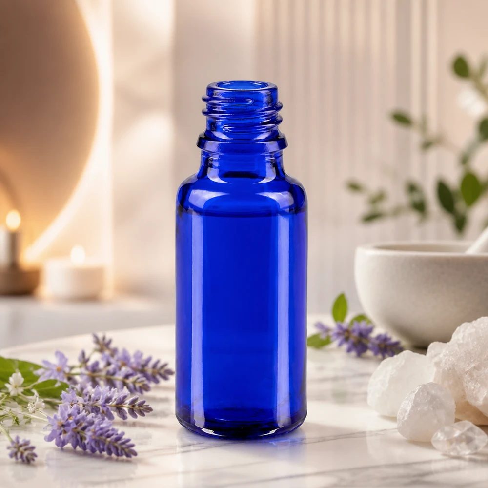Slanke blauwe 20ml ApoGlas fles met klassiek design voor wellness- en spabehandelingen