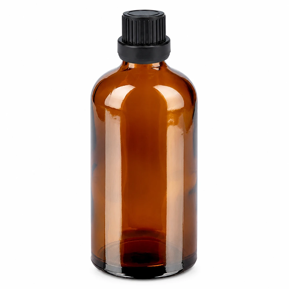 100ml druppelfles 2mm zwart OV BrownLine UT18/100 Hoogwaardige 100ml druppelflacon van amberkleurig glas met UV-bescherming en zwarte dop