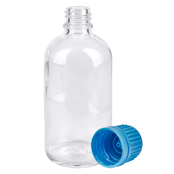 100ml flacon 11mm SV blauw OV ClearLine UT18/100 Doorzichtige glazen fles van 100 ml, model UT18, met geopende blauwe veiligheidsdop van 11 mm SV