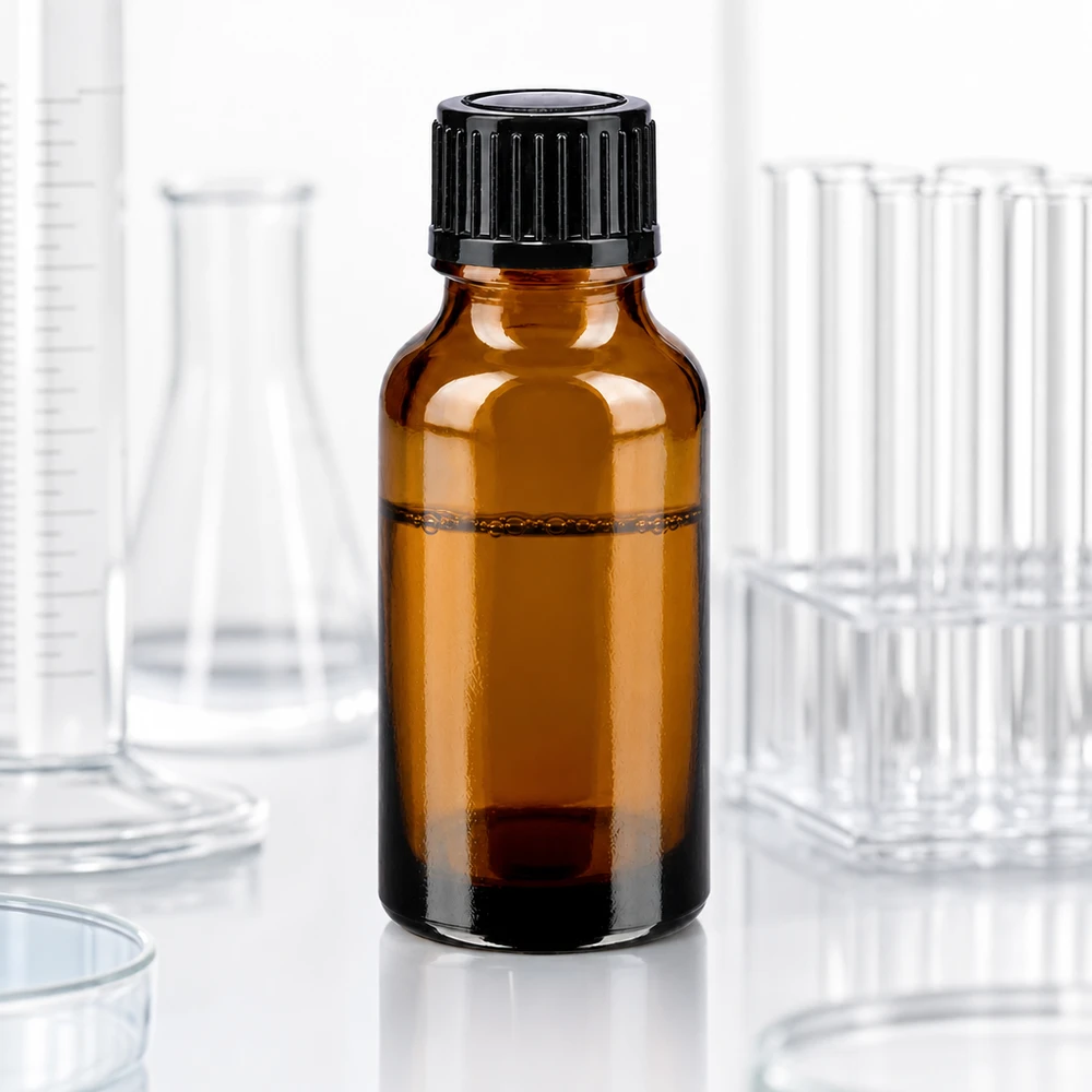 Bruine glazen fles 20ml met zwart schroefsluiting St Farmaceutische bruine glazen fles van 20 ml met zwarte kunststof dop en laboratoriumbenodigdheden