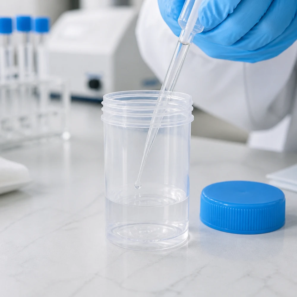 Universele kunststof pot (pathologie pot) 35ml Universele monsterhouder van 35 ml, gemaakt van doorzichtige kunststof, wordt in het laboratorium gevuld met vloeistof