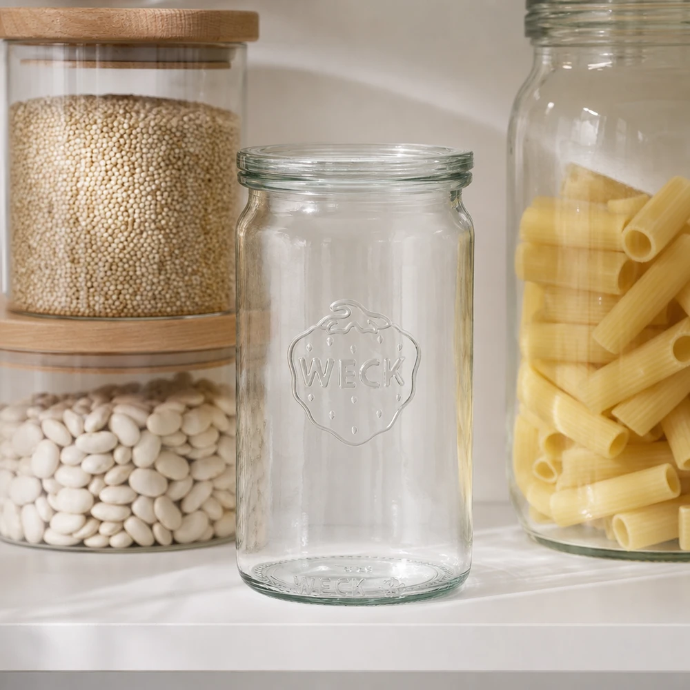 WECK 340ml Zylinderglas RR60 leer in moderner Pantry zwischen Vorratsgläsern mit Hülsenfrüchten und Nudeln Küchenausstat