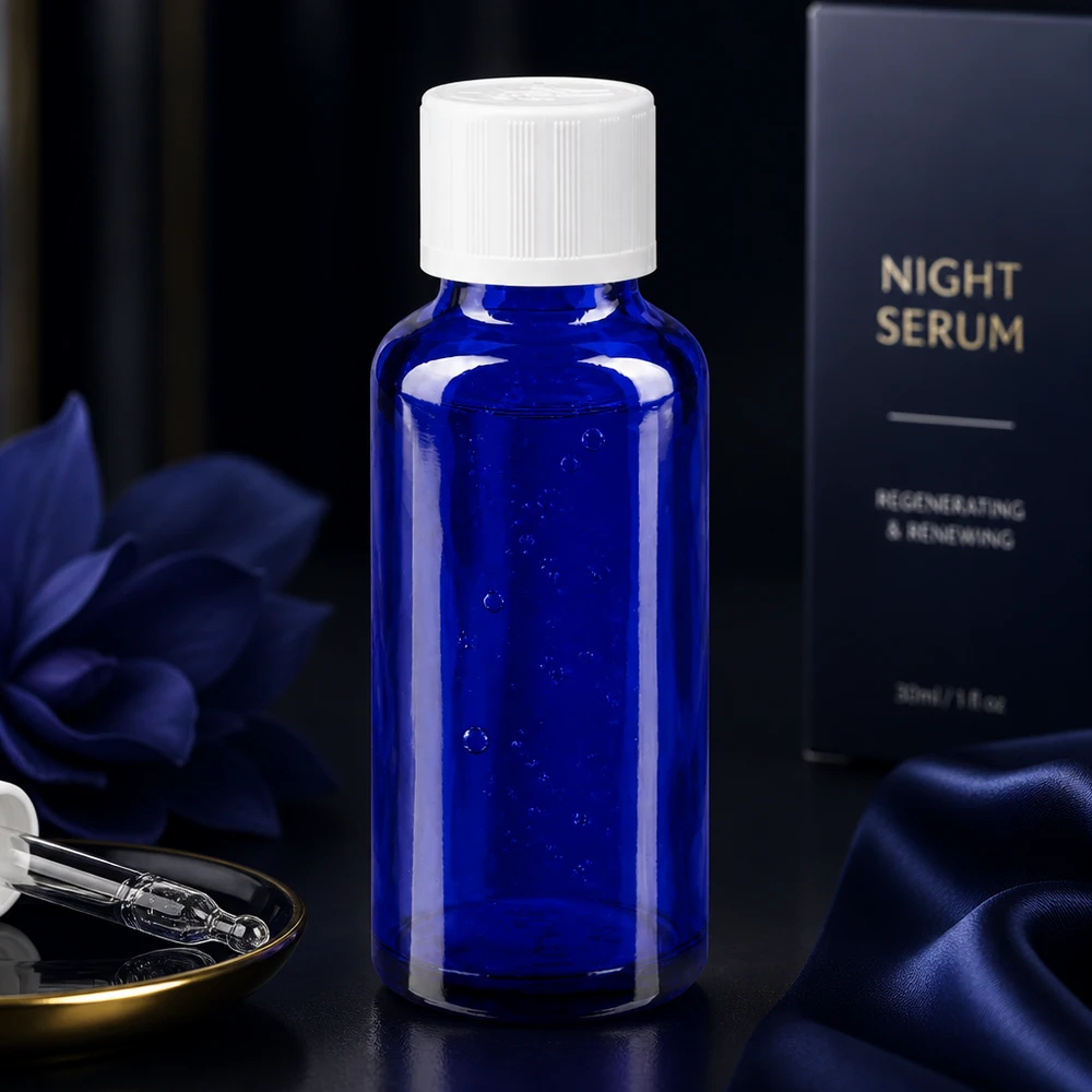 Precisiedruppelflesje van 30 ml van blauw apothekersglas met een witte KiSi-dop, gepresenteerd in een productdisplay