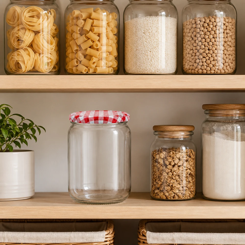 555 ml rond glazen pot + BasicSeal-deksel rood/wit UNiTWIST Middelgrote voorraadpot van 555 ml, rond, met een geruit BasicSeal-deksel in een natuurlijke keukenomgeving