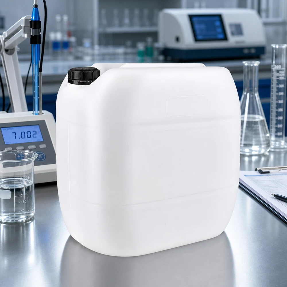 Jerrycan van 30 liter met zwarte schroefdop en handgreep voor eenvoudig gebruik in het laboratorium