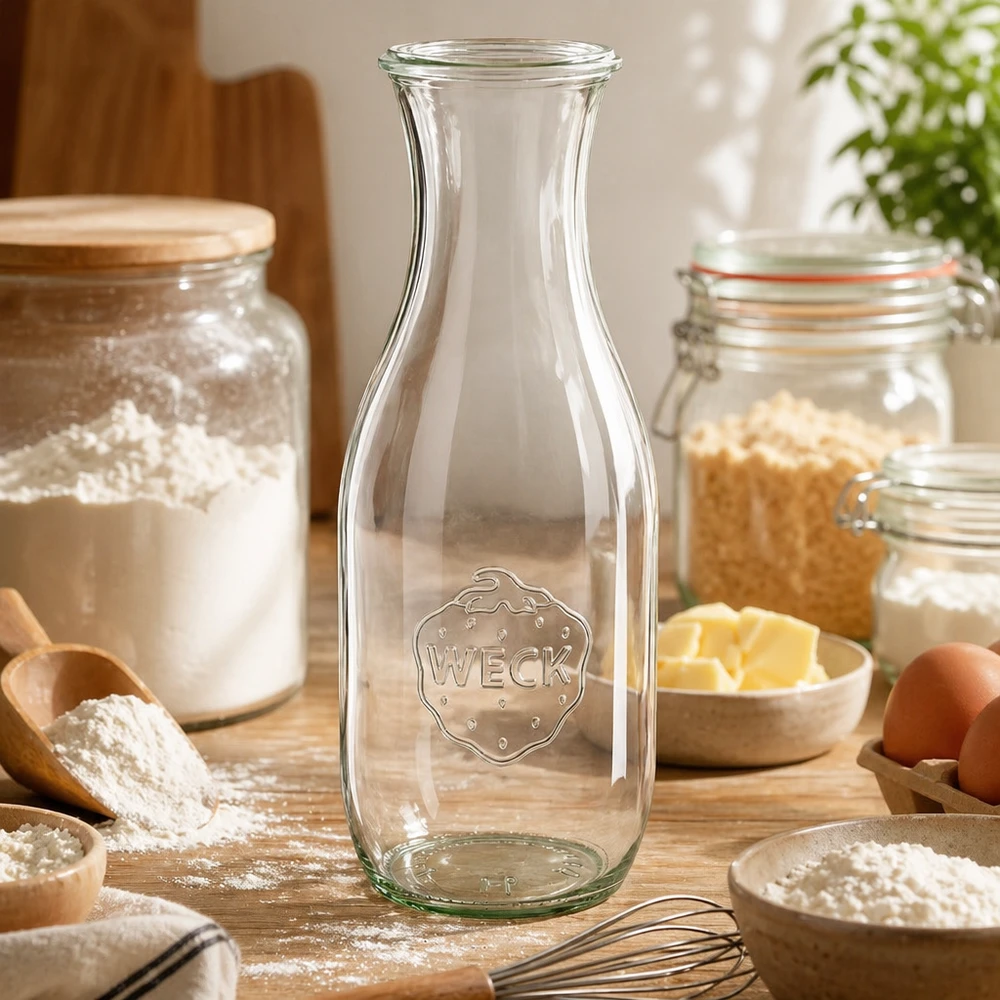 WECK sapfles 1062ml RR60 in bakkeuken met bloem eieren boter en bakingrediënten als veelzijdige keukencontainer