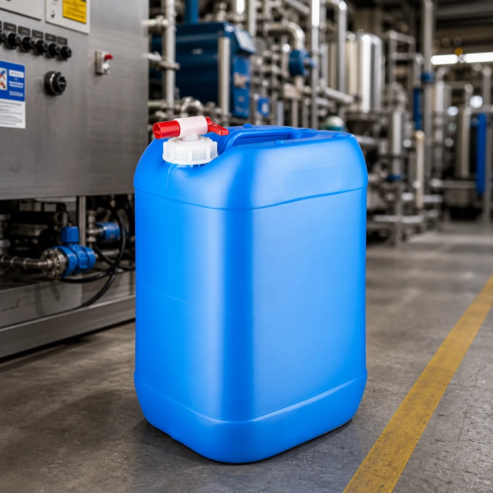 Grote blauwe voorraadbak van 25 liter met rode aftapkraan en ergonomische handgreep