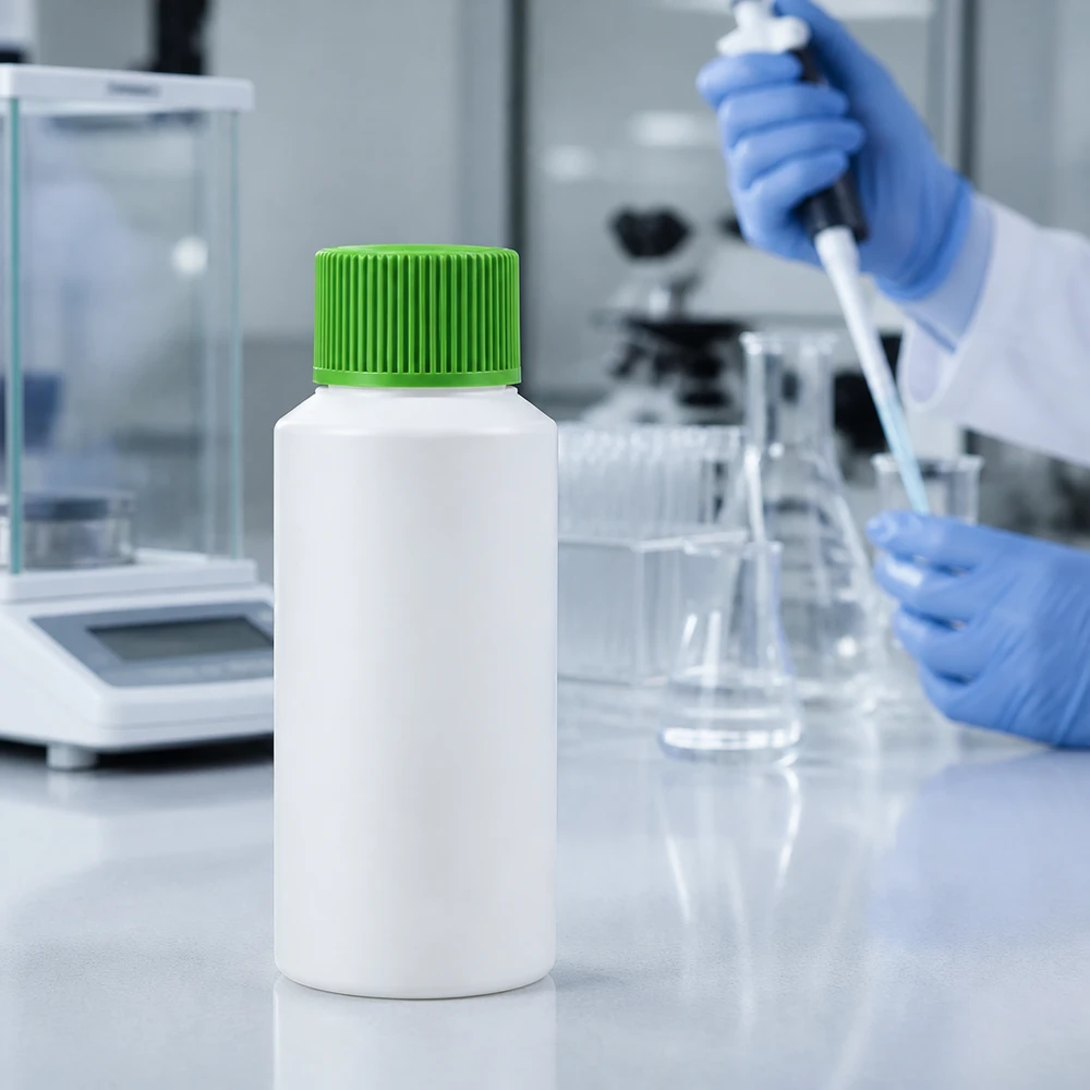 PET cilinderfles 30ml wit met schroefsluiting groen Lege, onbedrukte witte apotheekfles van 30 ml, gemaakt van HDPE, met een groene dop op een laboratoriumtafel