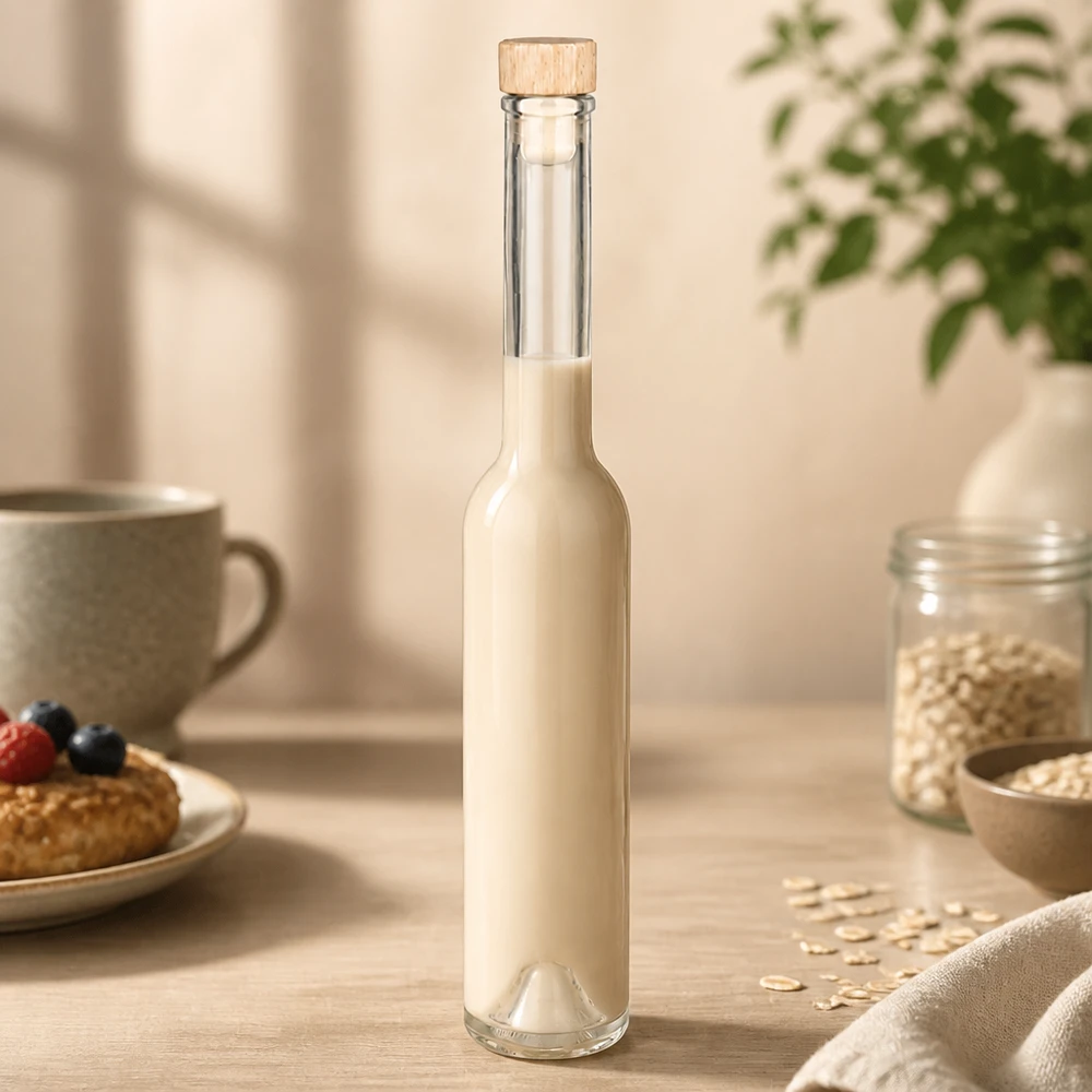 200 ml glazen fles Hugo met amandelmelk in een gezellige keuken met havermout en gebakken producten Lifestyle-scène