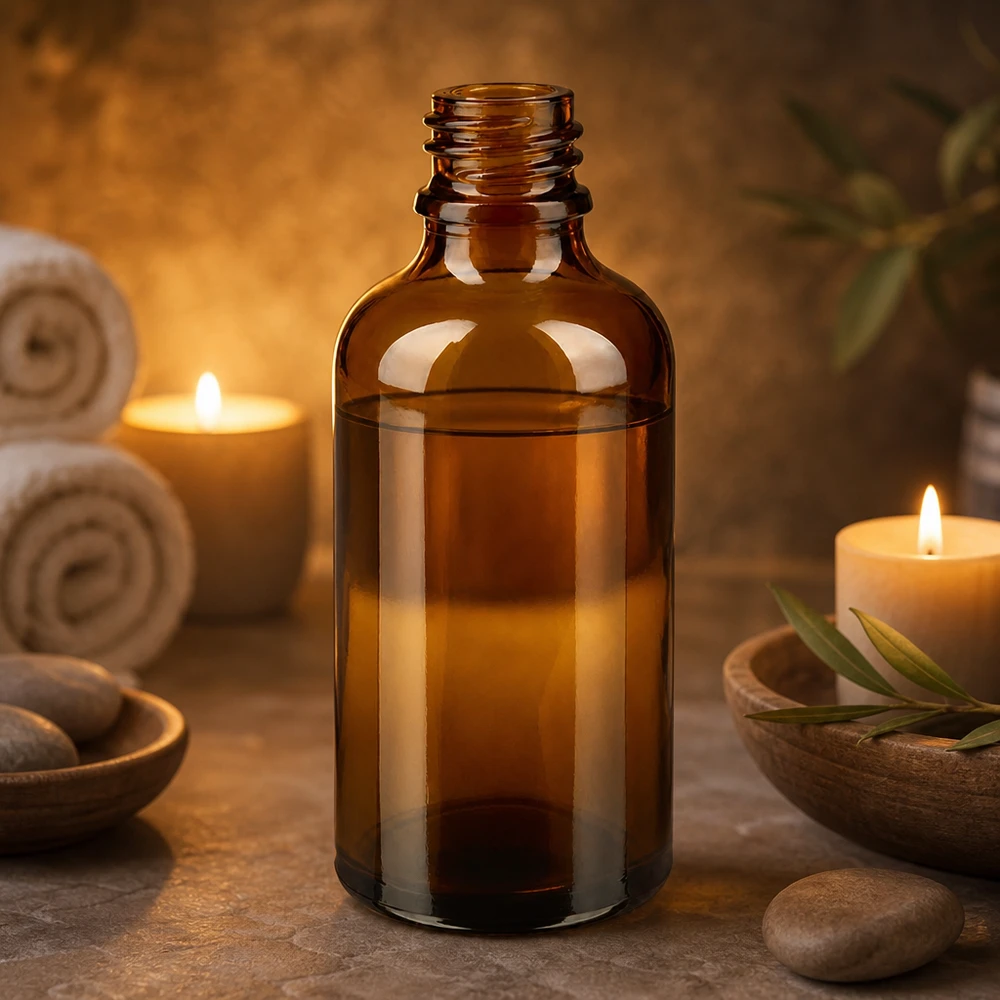 50ml bruin ApoGlas apothekersflesje met olie in warm kaarslicht Wellness-sfeer naast spastenen