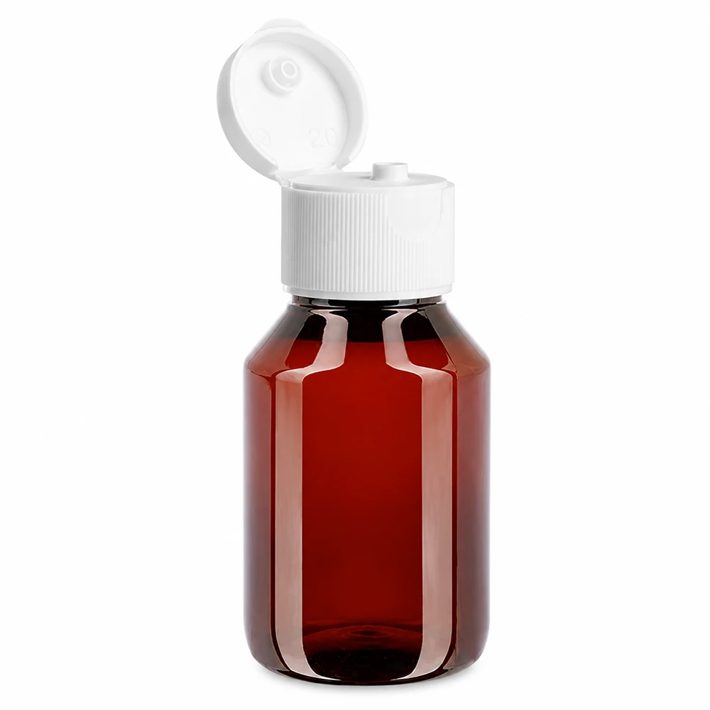 PET-fles 50ml met witte flip-top dop. Compacte bruine glazen fles van 50 ml, gemaakt van PET-kunststof, met een opklapbare witte dop