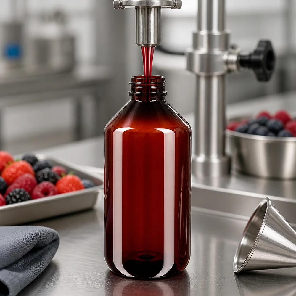 Slanke bruine ronde PET-fles van 500 ml met schroefdop, geproduceerd in een moderne afvulinstallatie