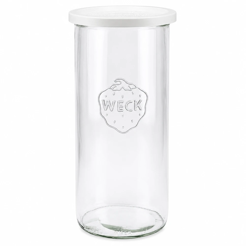 1500ml stortglas met vershouddeksel WECK RR100 WECK voorraadpot 1500ml met wit vershouddeksel RR100 van helder glas met WECK logo voor opslag