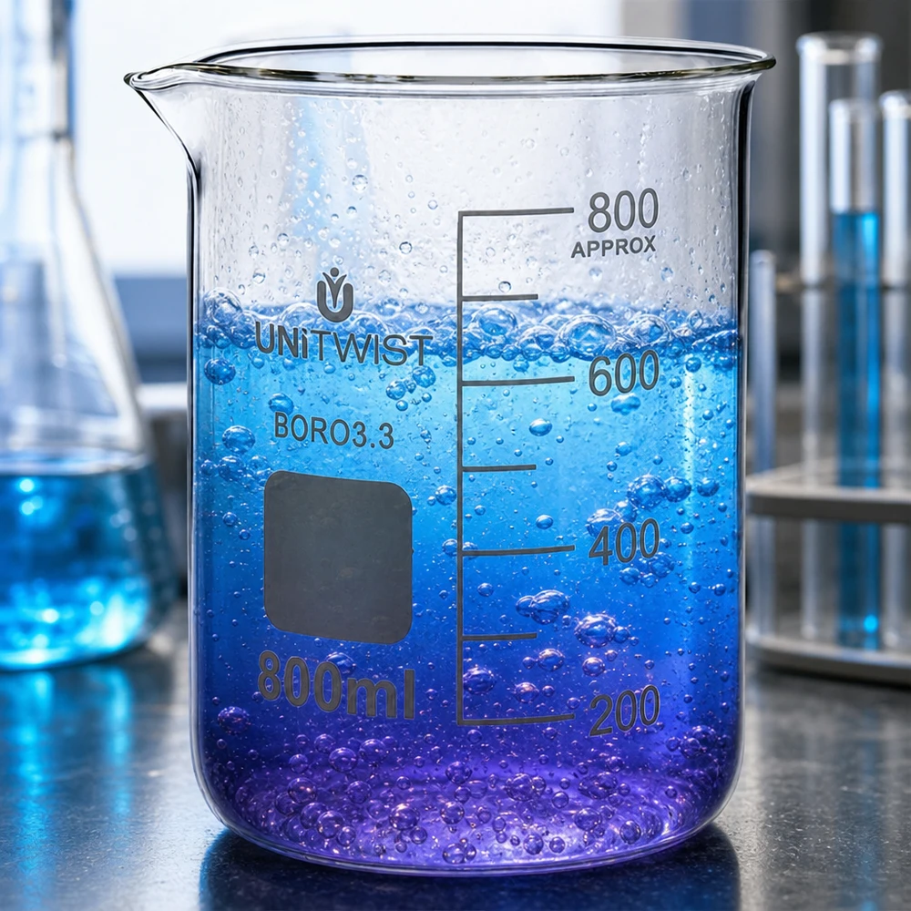 Beker 800ml borosilicaat, lage vorm UNiTWIST Chemisch bekerglas 800 ml, borosilicaat 3.3, lage vorm, met actieve kleurverandering in het laboratorium
