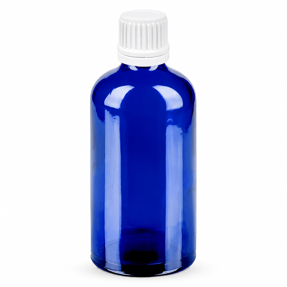 100ml fles 11mm SV wit OV BlueLine UT18/100 Klein blauw 100ml flesje met witte 11mm schroefdop BlueLine