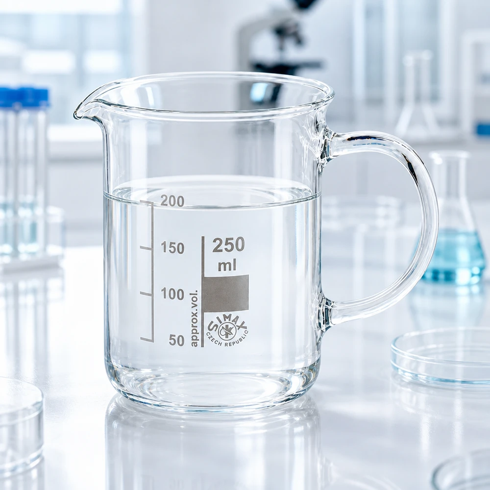Doorzichtig bekerglas van 250 ml met handvat, schenktuit en volumemarkeringen van 50 tot 200 ml