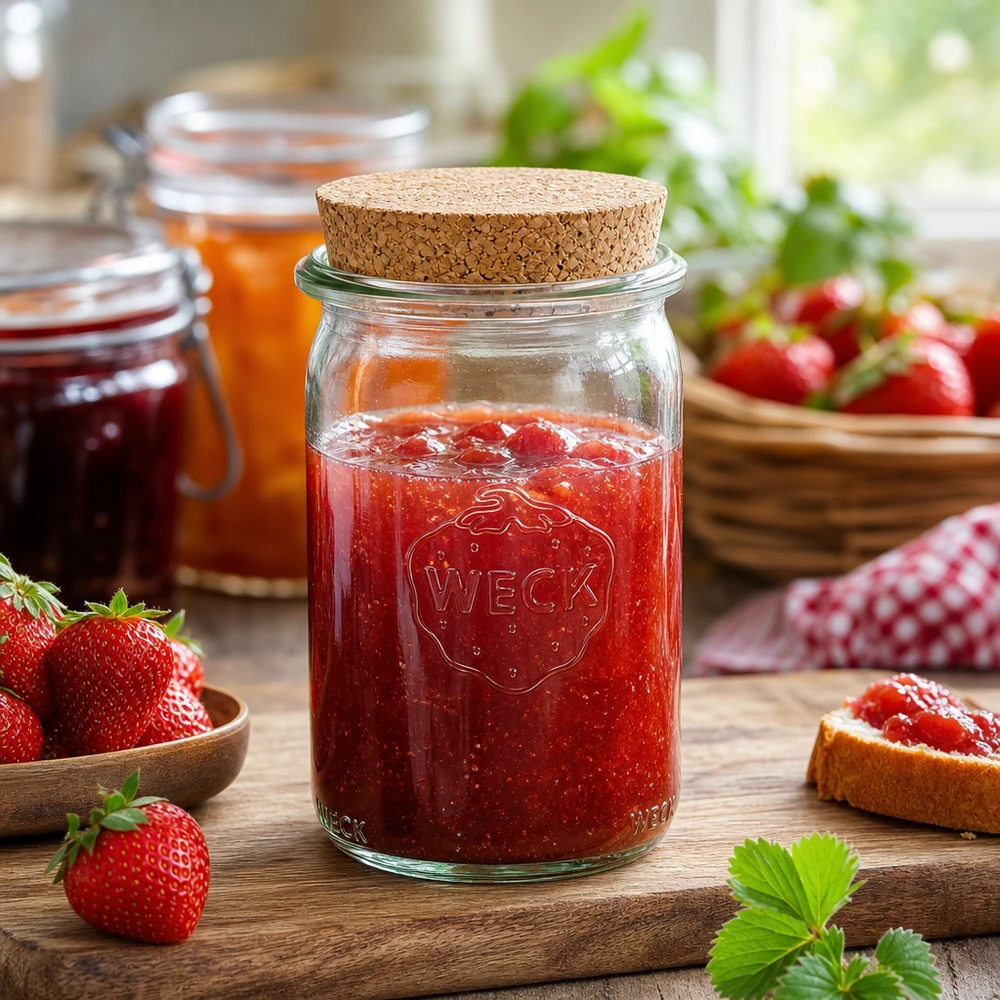 145ml cilinderglas WECK RR40 met kurk WECK 145 ml cilindervormige pot met kurken deksel gevuld met aardbeienjam omringd door verse aardbeien op een houten tafel