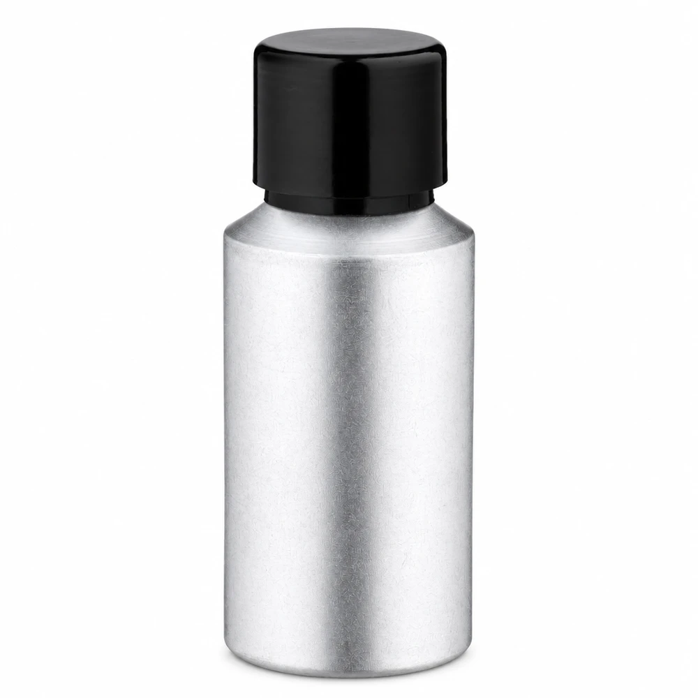Compact 30ml flesje van zilverkleurig aluminium met zwarte schroefdop