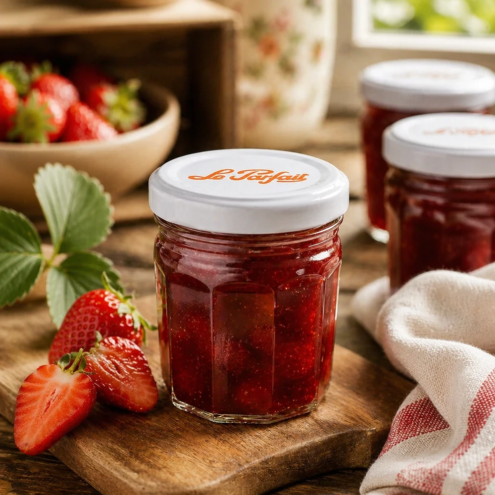 Le Parfait mini confituurpotjes 44ml met aardbeien en confituur op een houten plank - perfect voor zelfgemaakt broodbeleg
