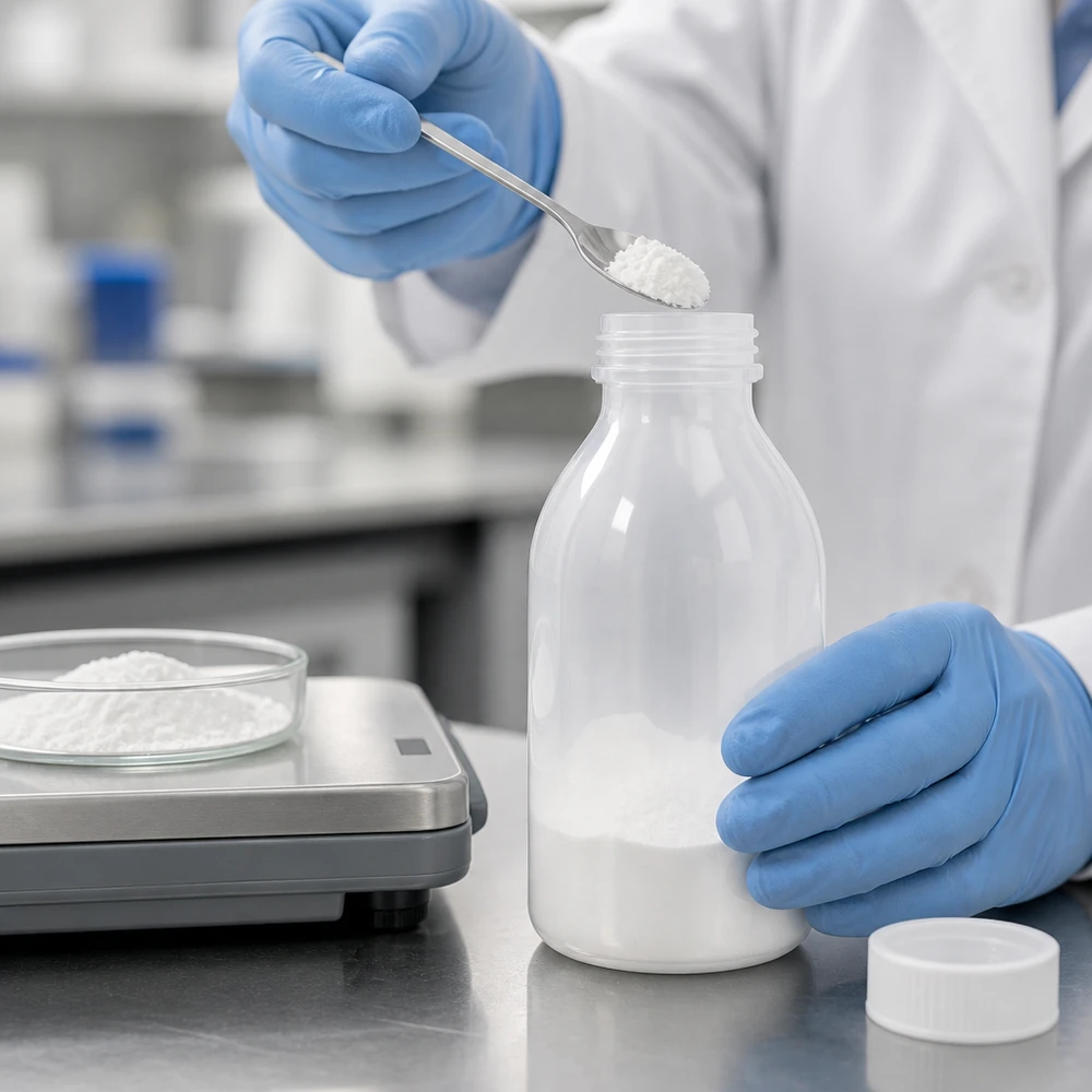Nauwe hals laboratoriumfles 250ml met schroefsluiting Laboratoriumfles van 250 ml met smalle hals en kindveilige schroefdop van wit kunststof