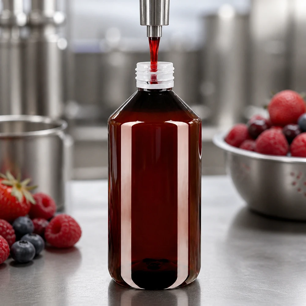 Automatisch vullen van een 750 ml amberkleurige PET-fles met bessenextract tijdens de productie