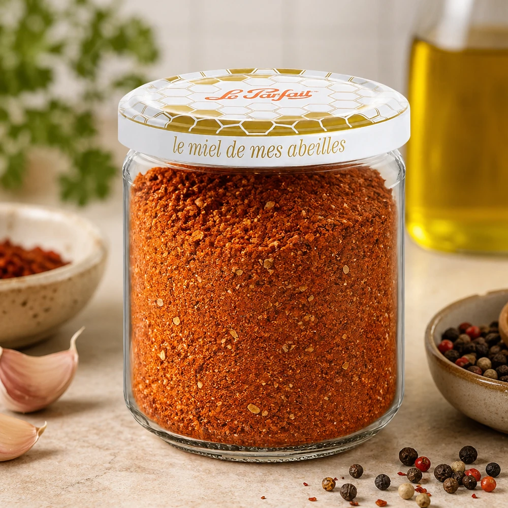 Le Parfait Honing voorraadpotje 212ml gevuld met kruidenmix naast knoflook peperkorrels en olijfolie