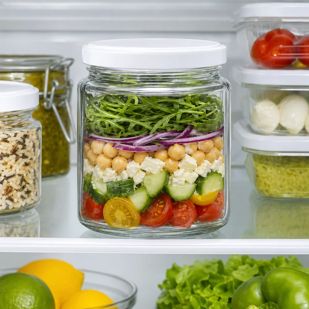 Honingpot van 250 ml in de koelkast als maaltijdverpakking voor gelaagde salade met BasicSeal deksel UNiTWIST