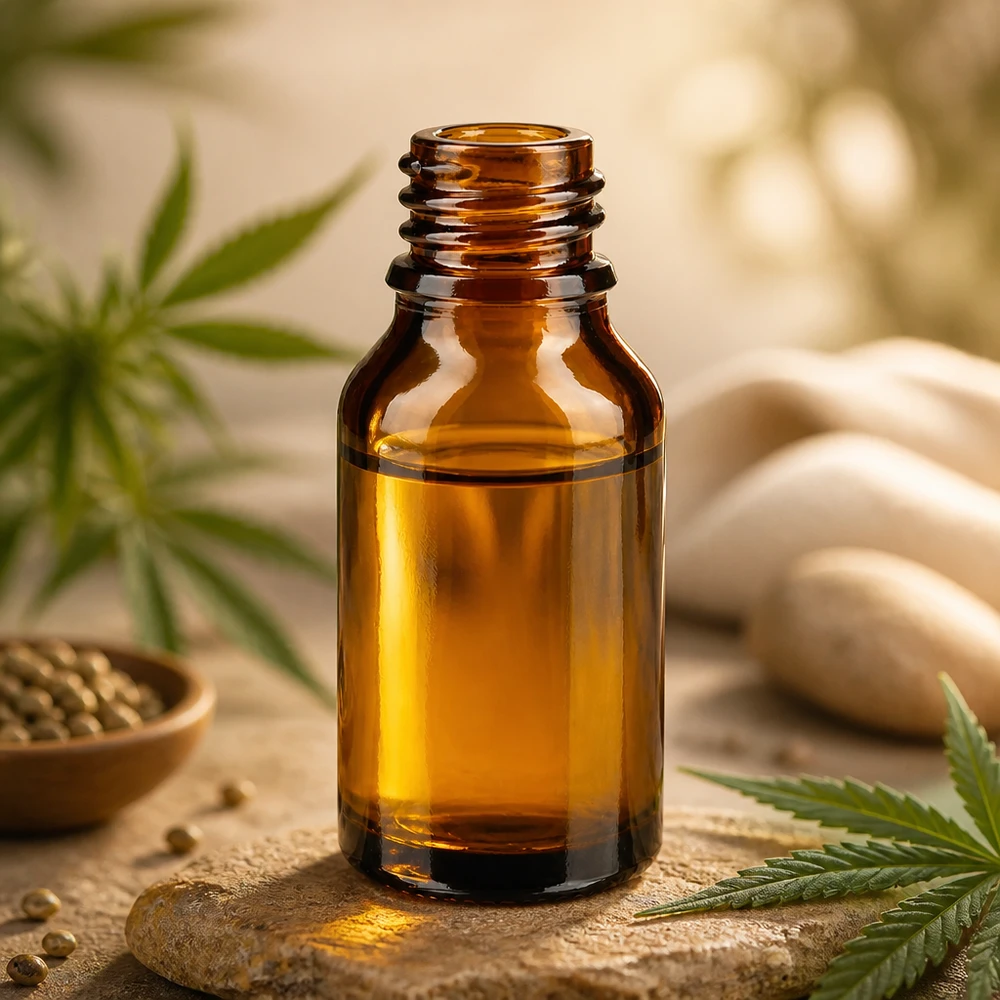 15ml bruin ApoGlas flesje met cannabisbladeren hennepzaad en spastenen voor natuurlijke wellnessproducten