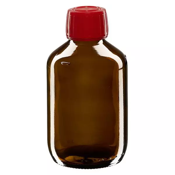 200ml Euro-medicijnfles bruin met rode schroefsluiting VR 200ml Euro-medicijnfles bruin met rode schroefsluiting VR
