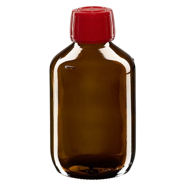 200ml Euro-medicijnfles bruin met rode schroefsluiting VR 200ml Euro-medicijnfles bruin met rode schroefsluiting VR