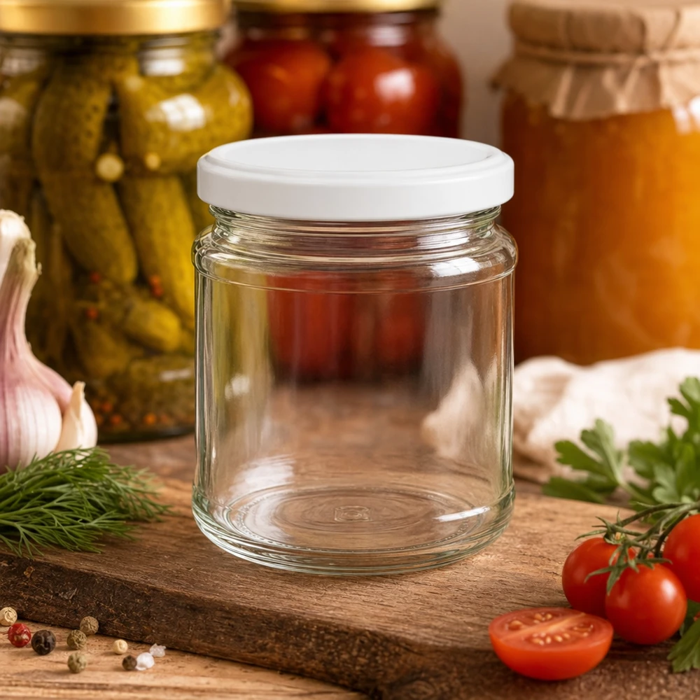 Inmaakpot 212ml met wit deksel op houten plank naast tomaten, kruiden en gevulde inmaakpotten op de achtergrond